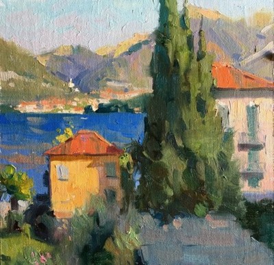 Larry Moore - Life on Lake Como - Oil on Canvas - 12x12