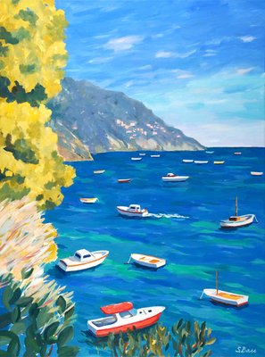 Sharon Bass - Bright Fishing Boats, Italy - Oil on Canvas - 40x30