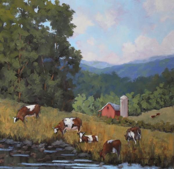 Sheila Wood Hancock - Grazing Cows - Oil on Canvas - 20x20