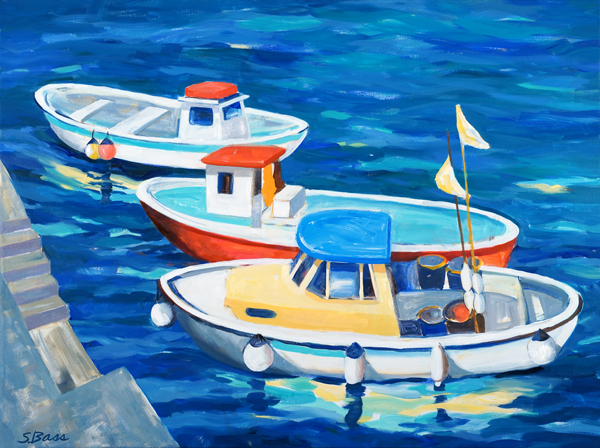Sharon Bass - Three fishing Boats, Amalfi Harbor - Oil on Canvas - 30x40