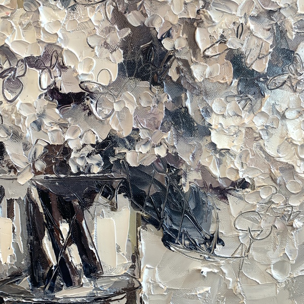 Christie Younger - Cream Hydrangeas in Glass - Oil and Graphite on Canvas - 24 x 30