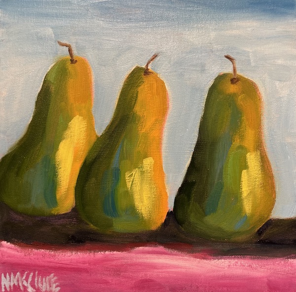 Nancy McClure - Three Pears on Pink - Oil on Canvas - 12 x 12