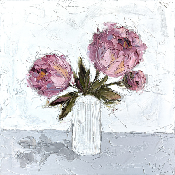 Christie Younger - Pink Peonies in White III - Oil and Graphite on Canvas - 24x24