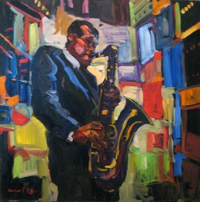 James  P. Kerr - Sax Man - Oil on Canvas - 40x40 inches