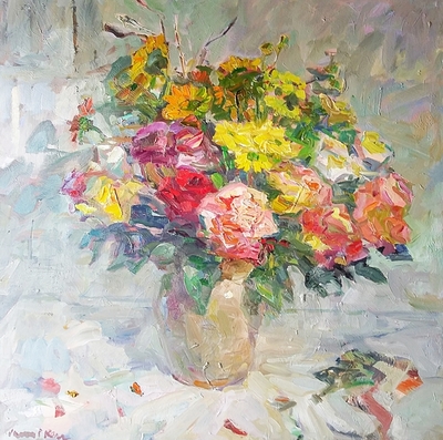 James  P. Kerr - Bouquet With Roses - Oil on Canvas - 40x40