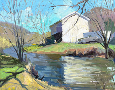 Steve Moore - White Building On New River Lansing - Acrylic on Canvas - 24x30