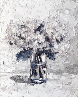 Christie Younger - Cream Hydrangeas in Glass - Oil and Graphite on Canvas - 24 x 30