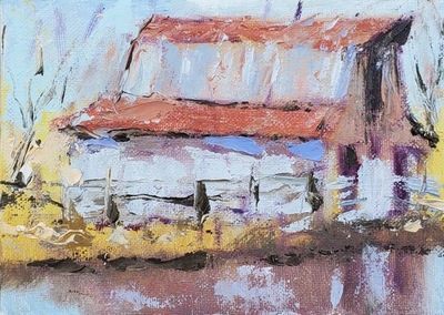 Connie Winters - Barn by the River - Oil on Board - 5x7