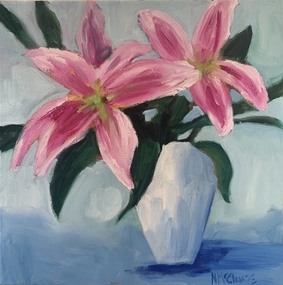 Nancy McClure - Pink Lilies - Oil on Canvas - 20 x 20