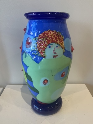 Bernstein Glass - Blue Vase with Green Figure - GLASS