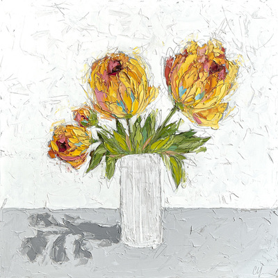 Christie Younger - Yellow Peonies in White - Oil and Graphite on Canvas - 48x48