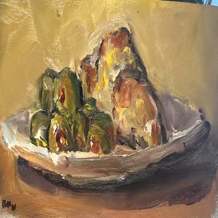 Luke Marion - Olive and Croissant - Oil on Board - 4 /2 x 8