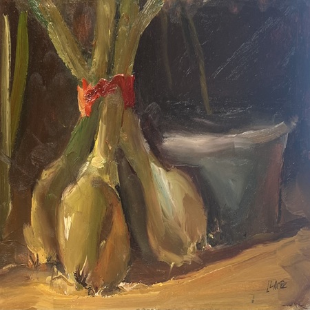 Luke Marion - Spring Onions and Bowl - Oil on Board - 6 x 10