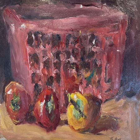 Luke Marion - Pink Basket and Peppers - Oil on Board - 5 3/4 x 8